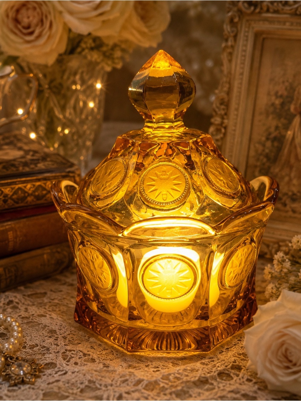 Vintage Fostoria Amber Glass Covered Sugar Bowl Fairy Lamp
